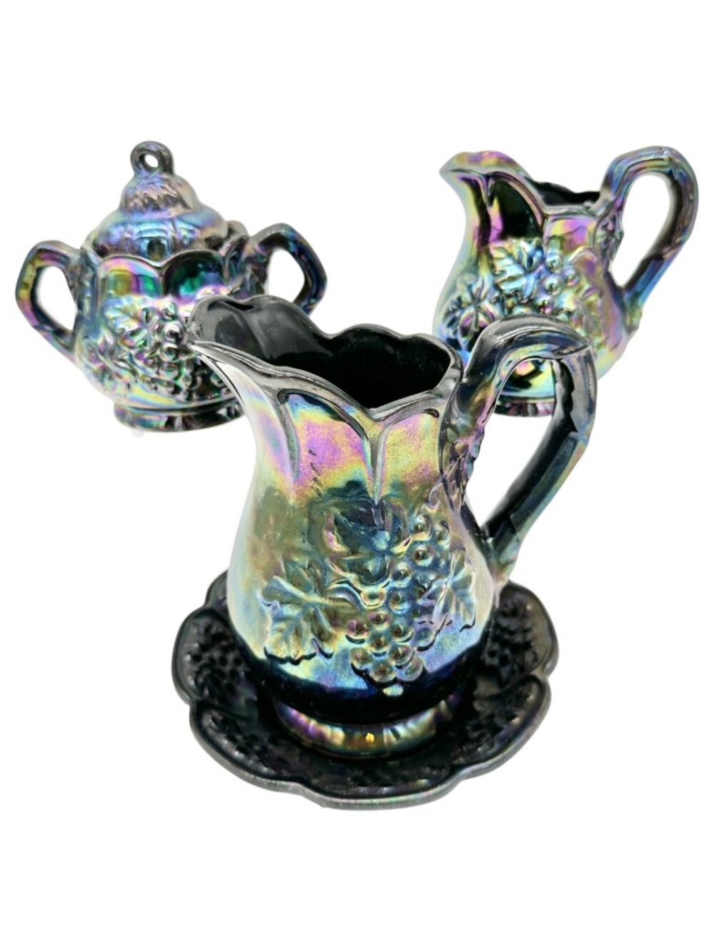 Vintage Lusterware 5pc Set Pitcher Stand Lidded Sugar Creamer Grapevine Embossed